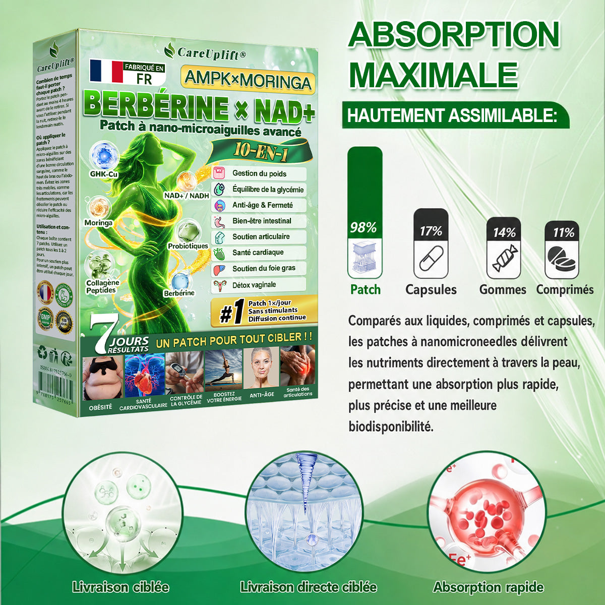 𝐂𝐚𝐫𝐞𝐔𝐩𝐥𝐢𝐟𝐭® 👩‍⚕️👩‍⚕️ 𝑨𝑴𝑷𝑲 × 𝑴𝒐𝒓𝒊𝒏𝒈𝒂 & 𝑩𝒆𝒓𝒃𝒆́𝒓𝒊𝒏𝒆 · Patch avancé à nano-microaiguilles 10-en-1